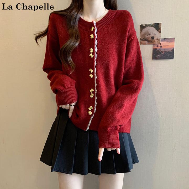 拉夏贝尔秋冬大码红色本命年过年蝴蝶结毛衣胖mm法式针织上衣女装