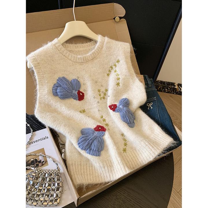 2025慵懒风金鱼刺绣设计套头毛衣女秋季新款时尚洋气立体钩花马甲