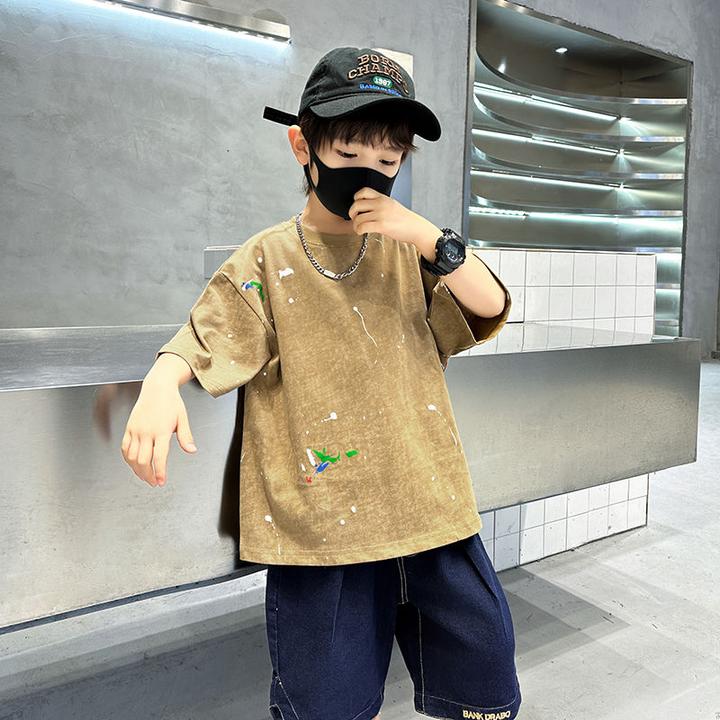 夏季新款宽松纯棉短袖字母印花圆领休闲男童T恤中大童透气速干