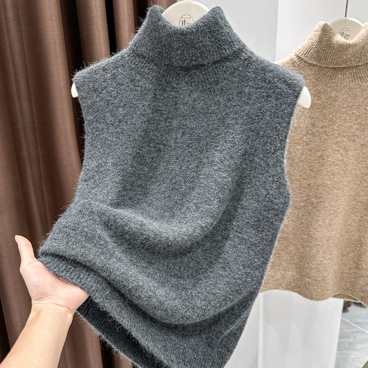 复古灰色堆堆领针织马甲背心女磨毛无袖打底衫内搭坎肩高级感上衣