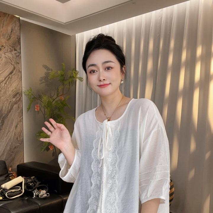 【现货】夏季新款时髦宽松设计感绑带蕾丝圆领半袖百搭上衣