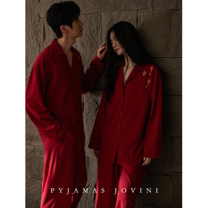 俏薇妮结婚新婚情侣睡衣春秋女带胸垫一体纯棉刺绣长袖红色男套装