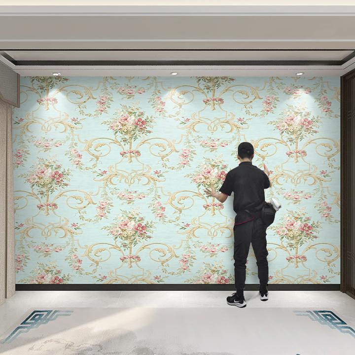 2025新款法式背景墙壁画无缝卧室小清新蓝色公主房壁布餐厅背景墙