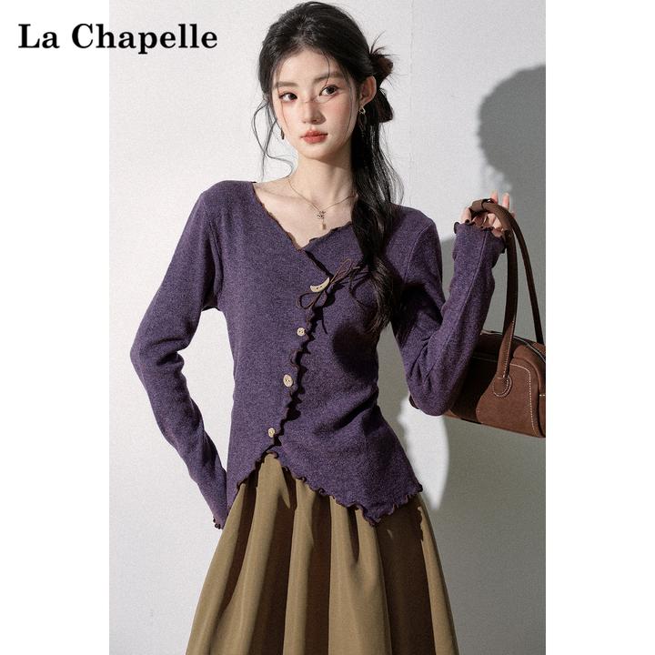拉夏贝尔V领不规则木耳边长袖针织开衫女开叉修身百搭秋季上衣潮