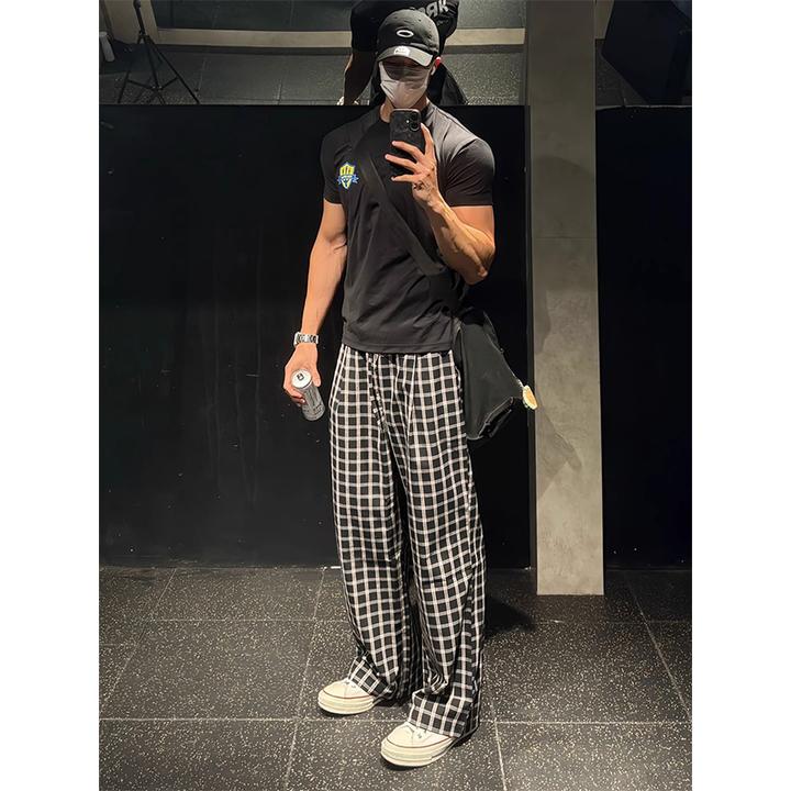 黑色格子裤子男夏季薄款潮流松弛感慵懒裤子显腿长宽松休闲运动裤