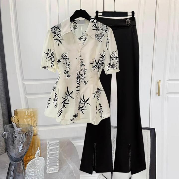 大码女夏装胖mm高级感国风水墨印花短袖衬衫微喇裤显瘦遮肚子套装