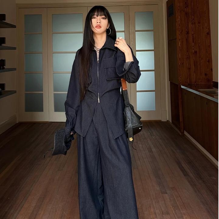 高级感气质时尚减龄深蓝色牛仔套装女2025春秋季拉链上衣阔腿裤子