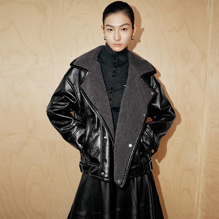 【外套】【商场同款新品】艾诺丝雅诗  时尚翻领皮衣外套 AR104124