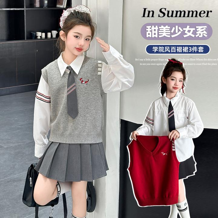 女童毛衣马甲背心春秋款儿童学院风V领红色灰色针织衫衬衫百褶裙