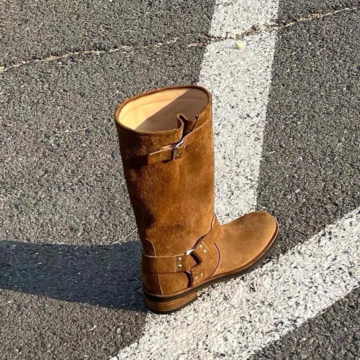 小众设计牛皮厚底西部靴马丁靴秋冬新款真皮圆套筒翻毛皮中筒靴
