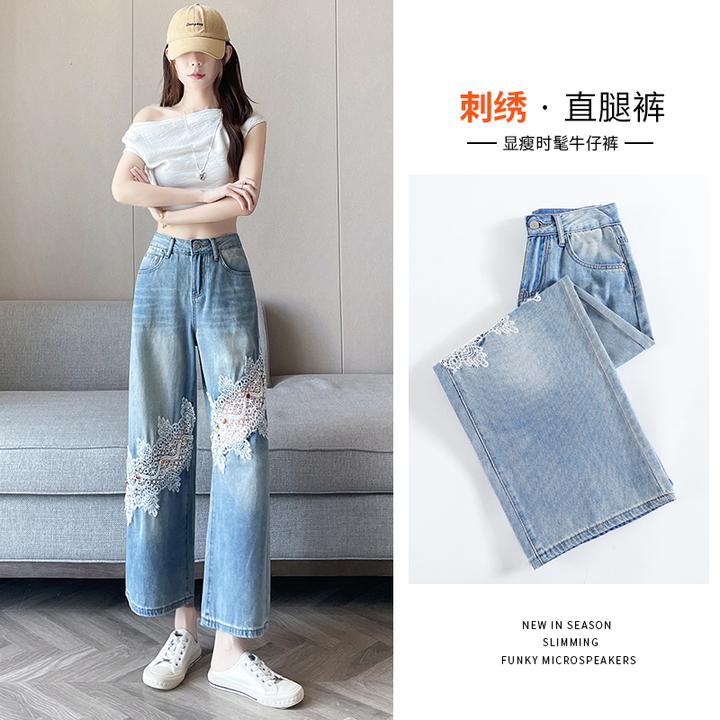 蕾丝镂空八分时尚直筒裤高腰九分休闲裤子机能风嬉皮部落风