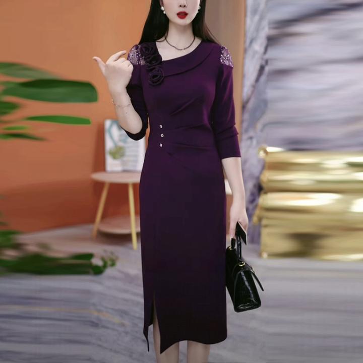 弹力精纺轻奢高贵女装2025秋季新款高级感七分袖开叉时尚连衣裙子