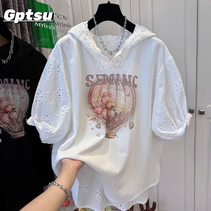 GPTSu特大码胖妹妹拼接连帽短袖T恤女夏装宽松遮肉半袖休闲上衣服