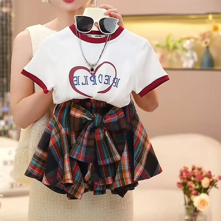 女童短袖短裙套装夏季新款儿童休闲t恤不规则格子裙小女孩跳舞服