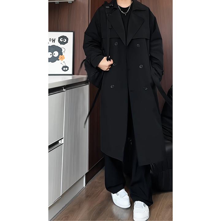 春秋长款韩版过膝大衣风衣宽松型中长款双排扣宽松设计感上衣外套