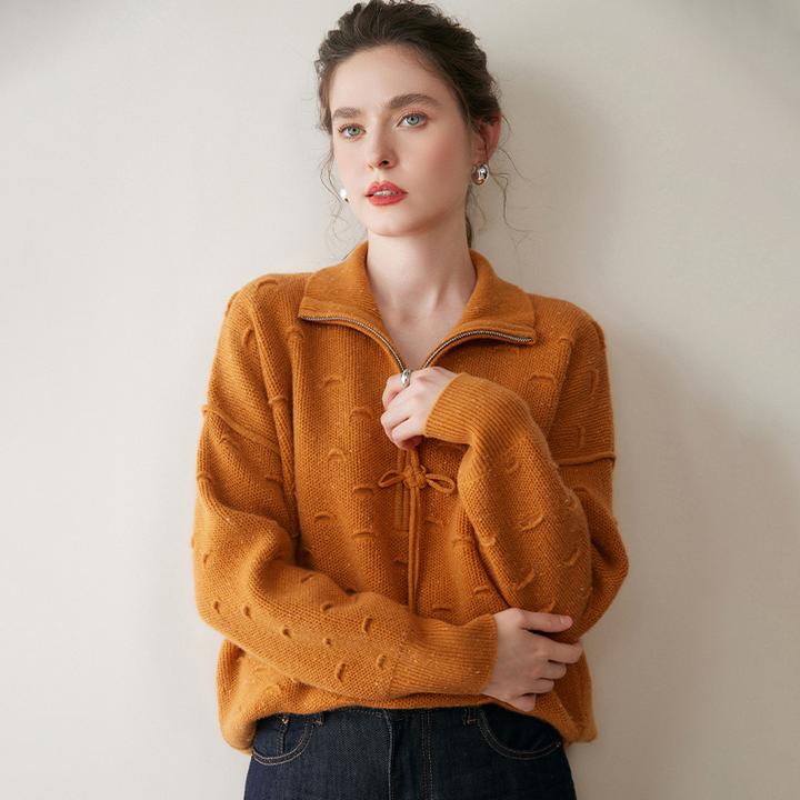 黄色半拉链针织毛衣女装冬季新款加厚保暖笑脸提花羊绒衫大码打底