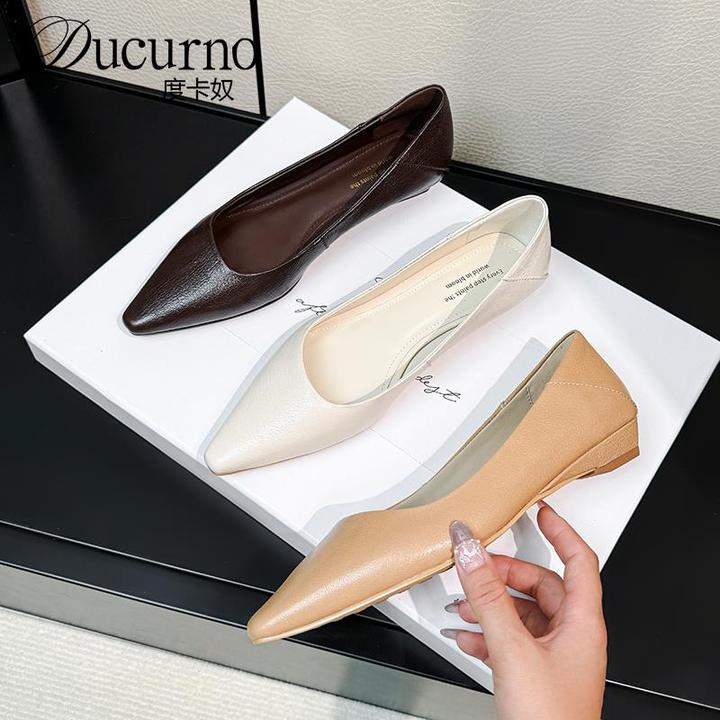 DUCURNO简约风尖头坡跟浅口单鞋女羊皮百搭通勤气质一脚蹬奶奶鞋