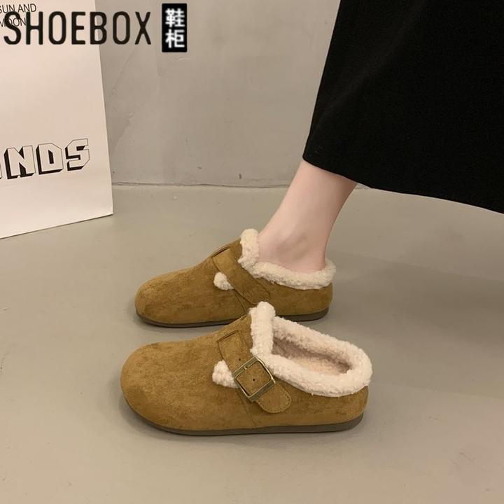 包头拖休闲风休闲平底居家毛绒厚底毛毛拖鞋棉拖鞋