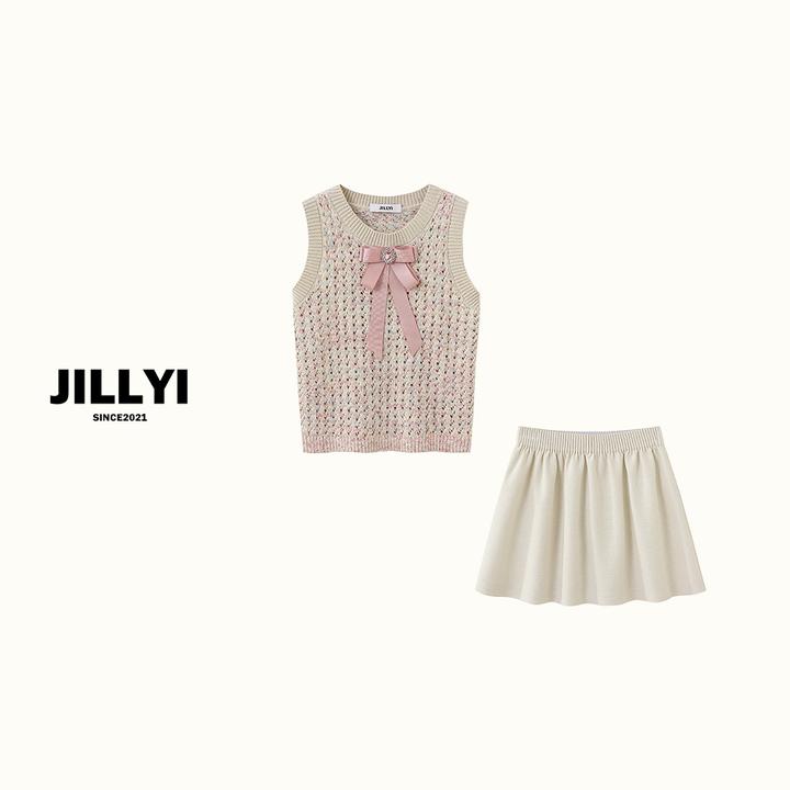 jillyi【樱花糯米糍】+【奶油泡芙】粉色圆领马甲+白色半身裙时尚套装