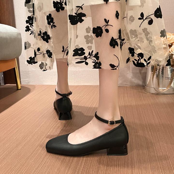 空姐久站工作鞋女黑色一字扣中跟软皮皮鞋上班不累脚方头女鞋单鞋