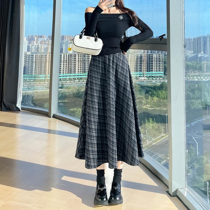 气质复古格子半身裙女秋冬2025爆款高腰显瘦a字中长款法式毛呢裙