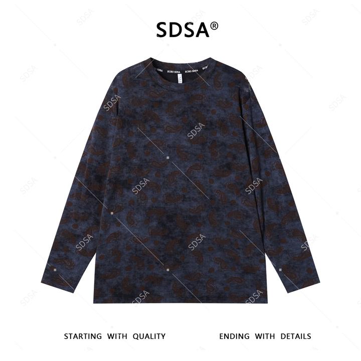 SDSA夏季新款男士痞帅满印抽象图案撞色长袖T恤复古舒适圆领上衣