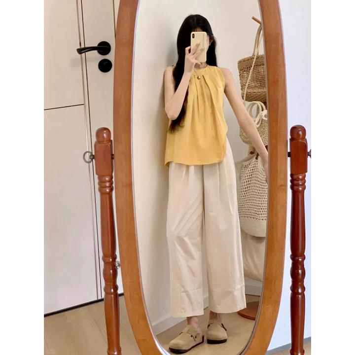 夏季多巴胺穿搭一整套搭配松弛感韩系chin阔腿裤穿搭棉麻时尚套装