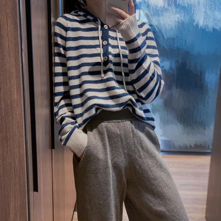 韩版拼色条纹羊毛打底衫宽松休闲百搭连帽毛衣简约减龄带帽针织衫