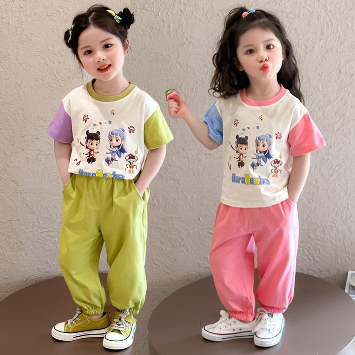 女童夏款短袖卫裤套装2025新款中小童男女宝宝卡通哪吒敖丙两件套