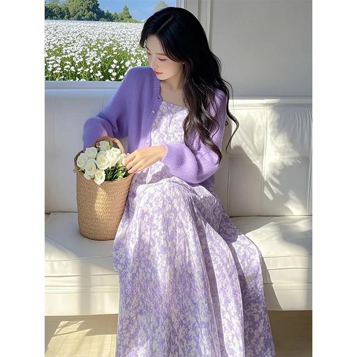 洋气时尚高级感韩系针织碎花吊带裙套装女2025春季穿搭时尚一整套