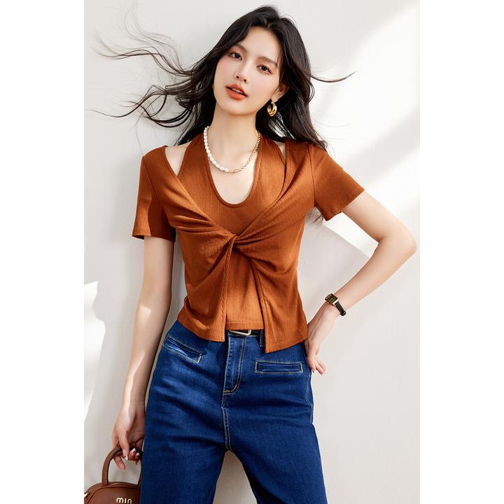 ◆洋气◆新款女装法式设计感假两件性感挂脖修身T恤