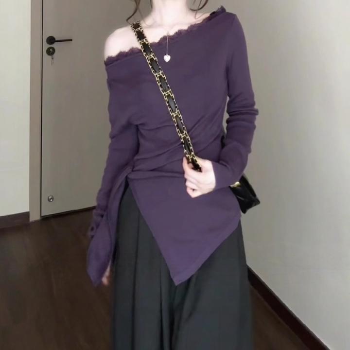 百搭显瘦高档加绒德绒蕾丝拼接春季斜肩上衣甜辣时尚御姐气质