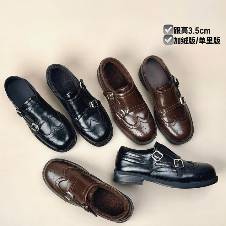 真皮乐福鞋2025复古布洛克雕花一脚蹬加绒英伦风皮鞋圆头时尚女鞋