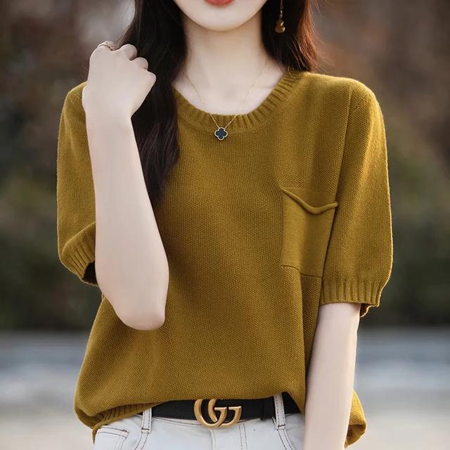 宽松显瘦【80-200斤】圆领冰丝短袖T恤女夏薄款口袋设计针织上衣