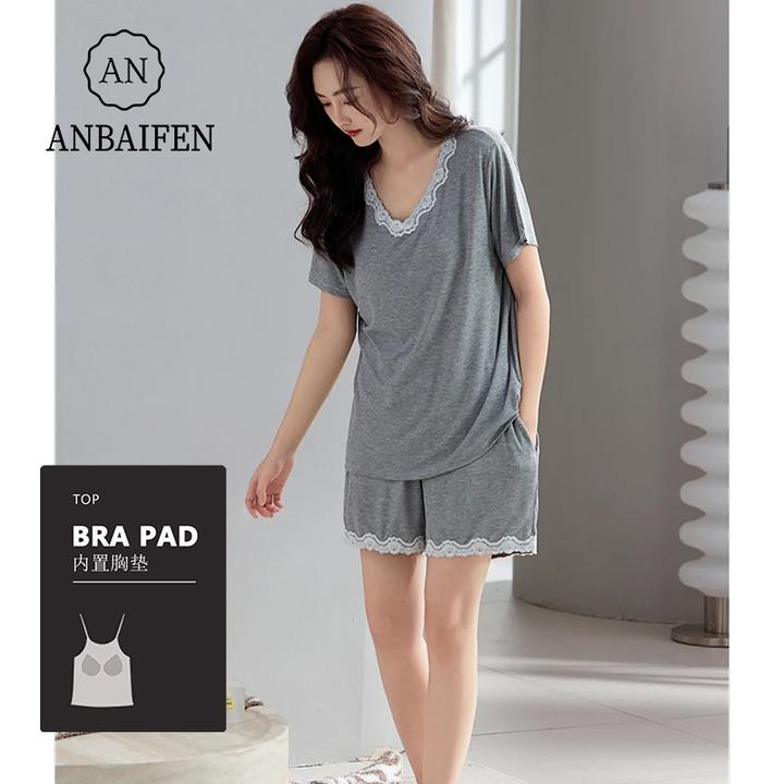 带胸垫睡衣女夏季莫代尔棉薄款短袖短裤蕾丝家居服可外穿两件套装