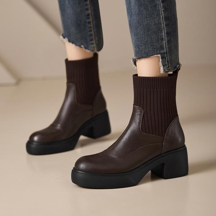 轩玥情女鞋7cm粗跟短靴小个子高跟针织袜靴秋冬款真皮圆头马丁靴