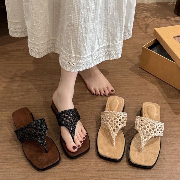 波西米亚度假风平底凉拖鞋女夏复古绒面手工编织厚底凉鞋女夏外穿
