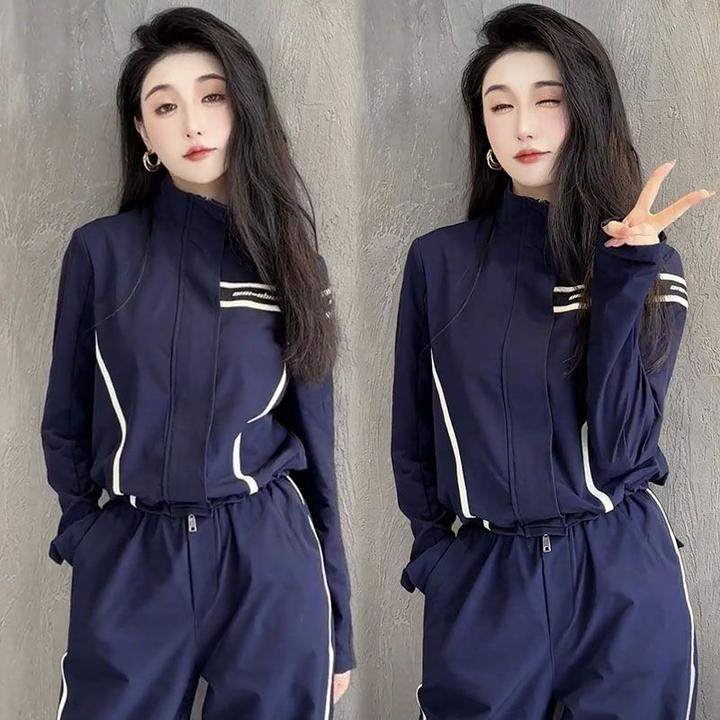 欧货休闲运动服套装女2025春秋新款时尚宽松显瘦立领上衣两件套潮