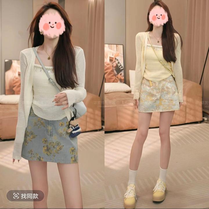 2025春夏新款韩版时尚休闲防晒针织衫两件套+印花短裙套装显瘦女