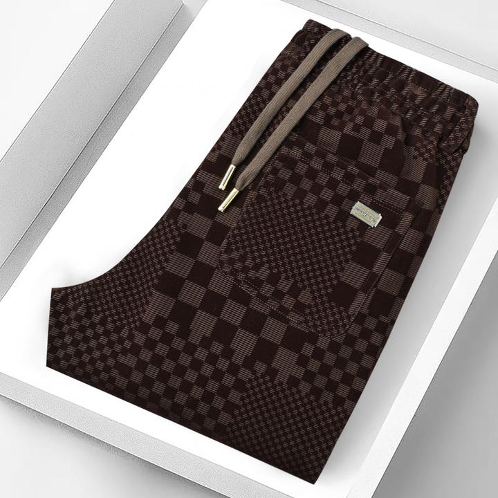 冬季新款植绒印花3D立体棋盘格潮流修身格子男士休闲裤束脚男裤