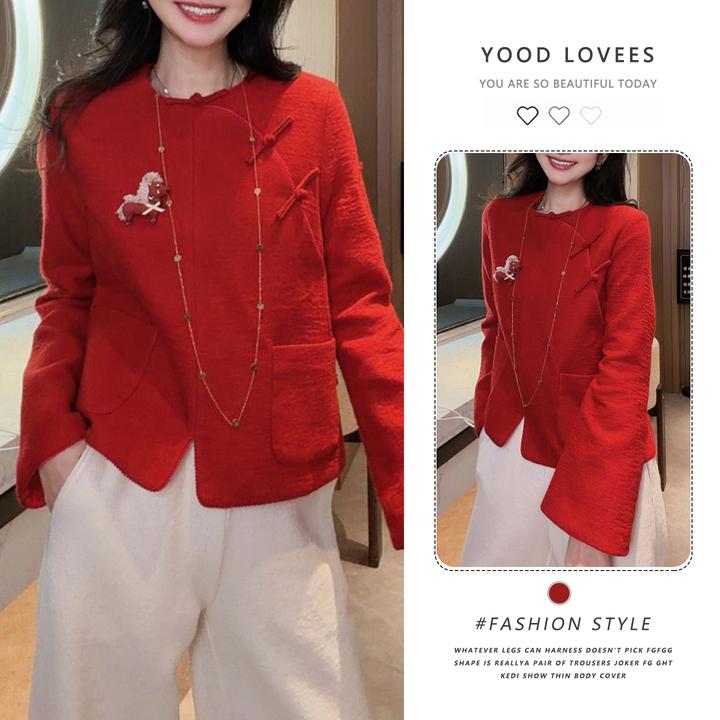 2025秋冬新款新中式国风红色衬衫女装复古上衣洋气百搭休闲打底衫