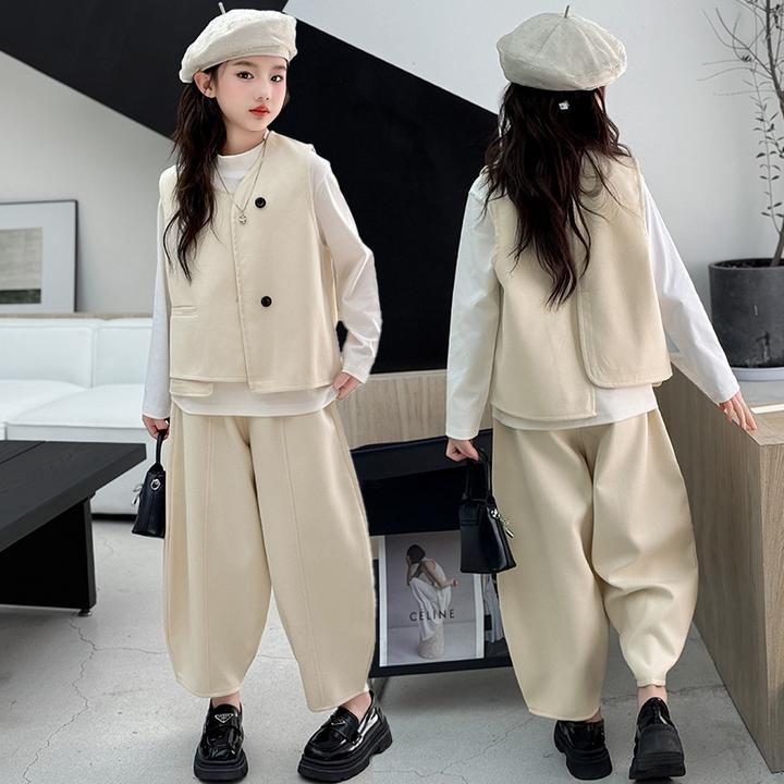 女童套装春秋新款中大童打底衫马甲休闲裤三件套女孩韩版洋气春装