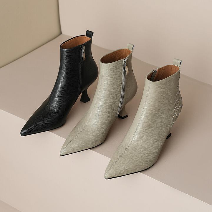 6.5cm~及踝靴女高跟短靴高级感尖头细跟编织瘦瘦靴法式真皮通勤靴