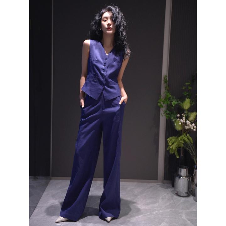 高级感春夏季时尚套装纯天然亚麻藏蓝色修身马甲阔腿裤通勤两件套