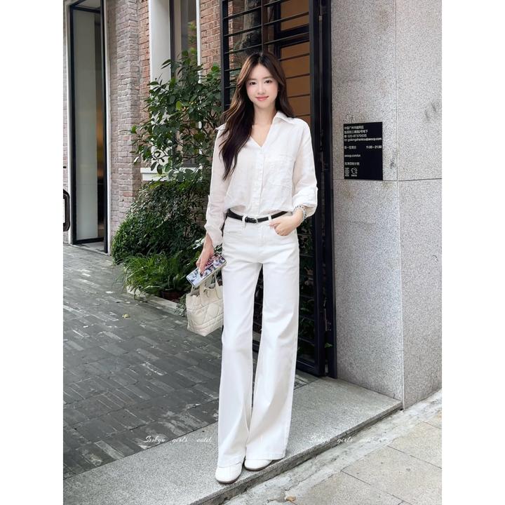 小兔泡花茶【雾白】原创设计秋冬新款微喇牛仔裤阔腿裤女铆钉设计感