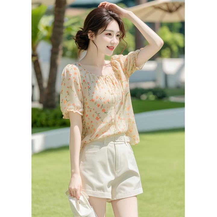 法式小众设计感上衣碎花雪纺短袖衬衫2025新款女夏季独特漂亮小衫