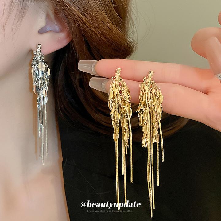 铜合金耳饰 金属风麦穗流苏耳环欧美时尚长款耳坠个气质轻奢大气