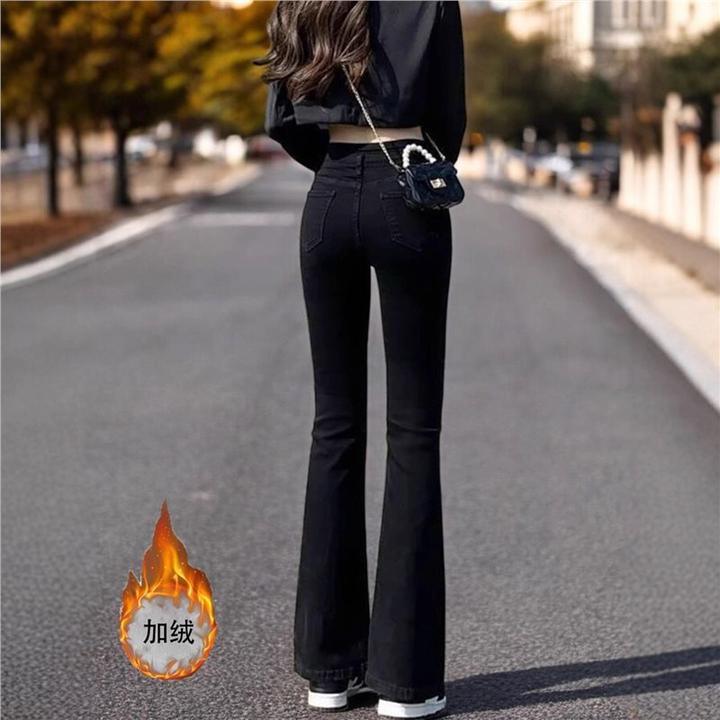加绒微喇牛仔裤女冬季2025年新款爆款秋冬高腰加厚马蹄黑色喇叭裤