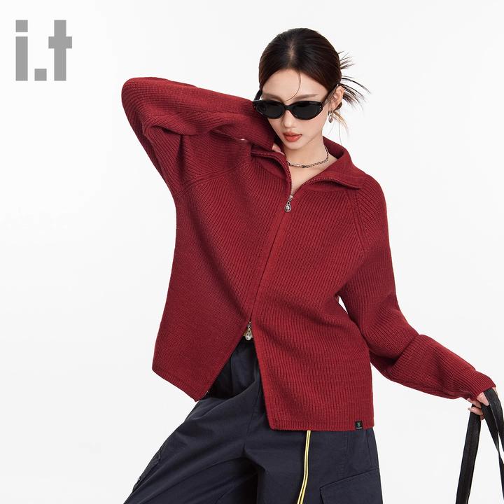 it FINGERCROXX红色针织衫女秋冬季新款内搭开衫保暖翻领红色上衣