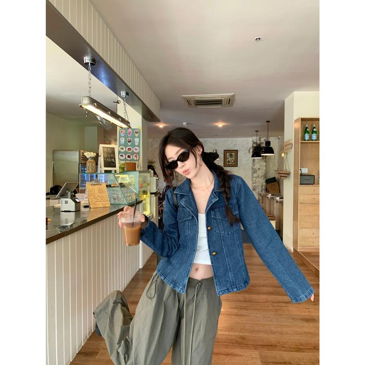 复古水洗蓝色翻领牛仔外套女秋季高级感开衫短款夹克修身气质上衣